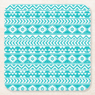 Teal Grunge Aztec Tribal Pattern Square Paper Coaster
