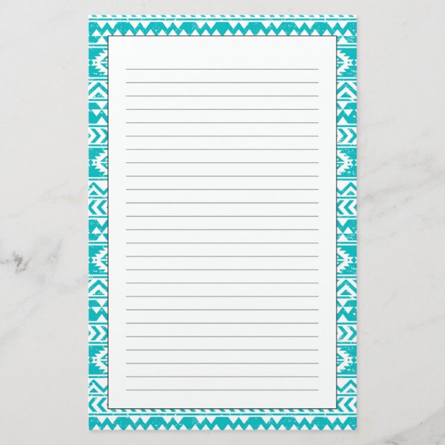 Teal Grunge Aztec Tribal Pattern Stationery (Front)