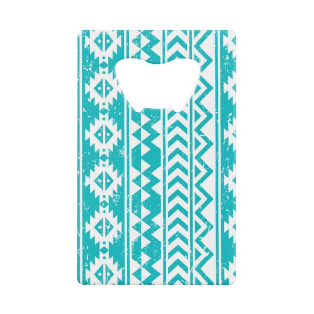 Teal Grunge Aztec Tribal Pattern Wallet Bottle Opener (Front)