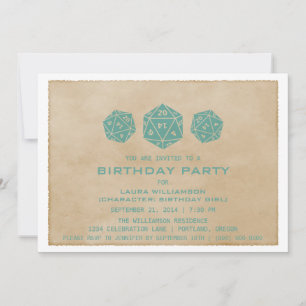 Teal Grunge D20 Dice Gamer Birthday Party Invite
