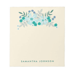Teal Hand Drawn Flowers, Personalized Notepad