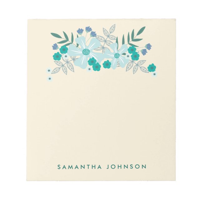 Teal Hand Drawn Flowers, Personalized Notepad (Front)