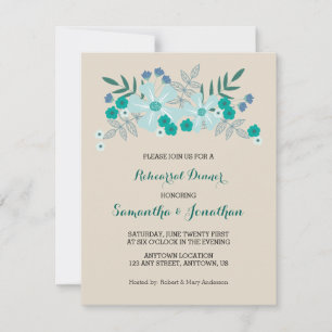 Teal Hand Drawn Flowers, Rehearsal Dinner Invite