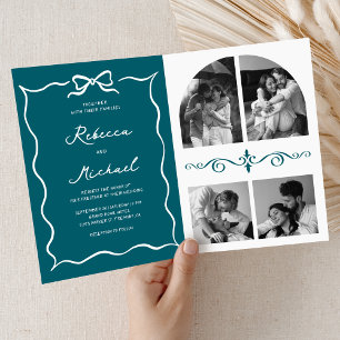 Teal Hand Drawn White Bow QR Code Photo Wedding Invitation
