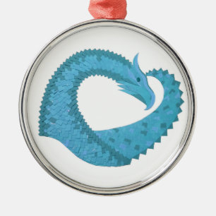 Teal heart dragon on white metal ornament