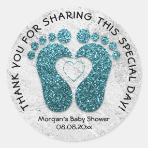 Teal Heart Feet Baby Shower Favour Thank MarbleGra Classic Round Sticker
