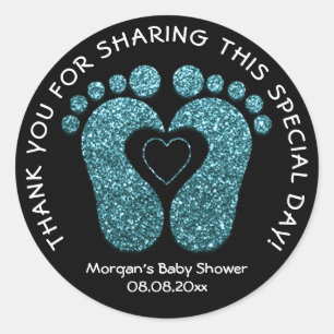 Teal Heart Feet Baby Shower Favour Thank Teal Blac Classic Round Sticker