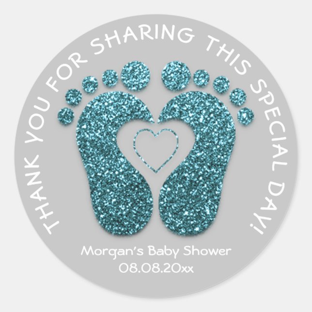 Teal Heart Feet Baby Shower Favour Thank Teal Grey Classic Round Sticker (Front)