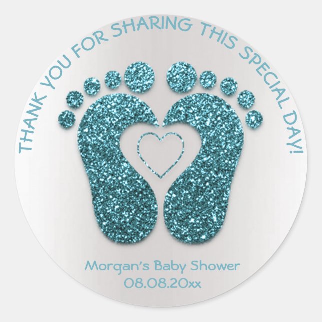 Teal Heart Feet Baby Shower Favour Thank You Grey Classic Round Sticker (Front)