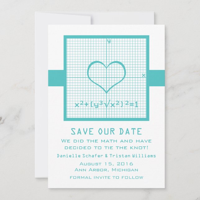 Teal Heart Math Graph Save the Date Invite (Front)