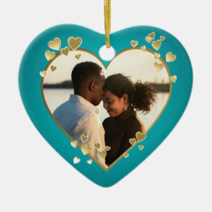 Teal Hearts and Ribbon Photo Ceramic Ornament