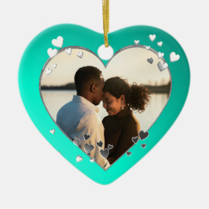 Teal Hearts and Ribbon Photo Ceramic Ornament