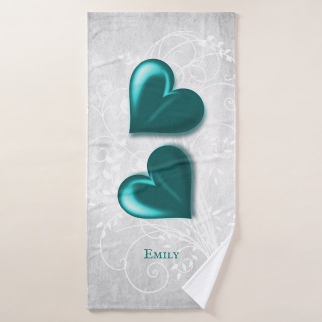 Teal Hearts Personalized Bath Towel Set (Bath Towel)