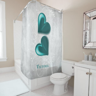 Teal Hearts Personalized Shower Curtain