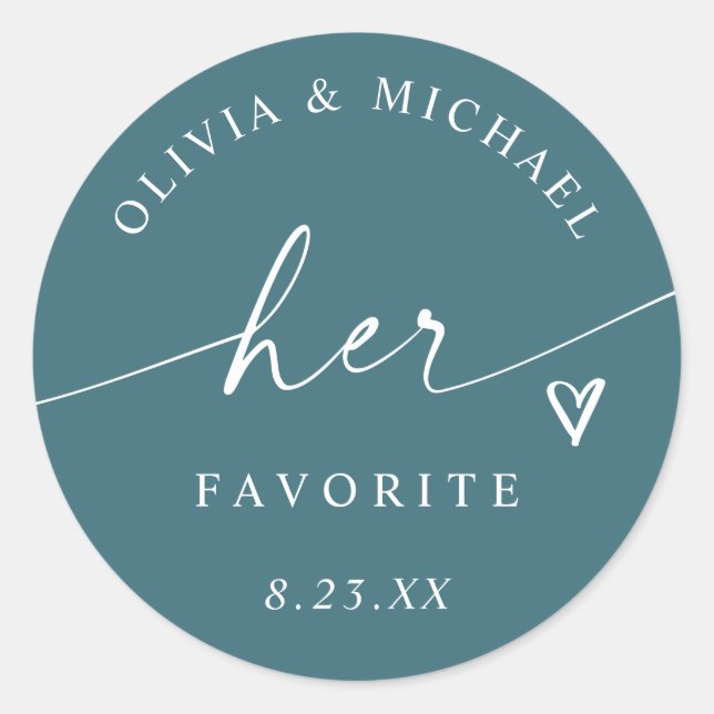 Teal Her Favourite Script Wedding Treat Bag Classic Round Sticker (Front)