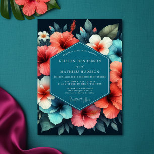 Teal Hibiscus Bloom Romance Wedding Invitation