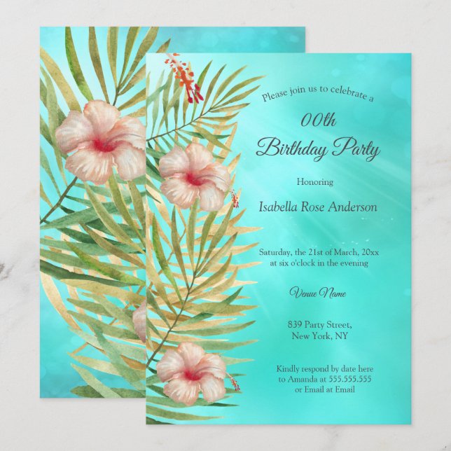 Teal hibiscus tropic Palm Gold Birthday Party Invitation (Front/Back)