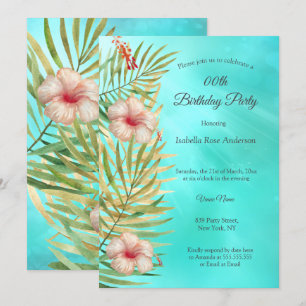 Teal hibiscus tropic Palm Gold Birthday Party Invitation