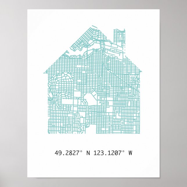 Teal Home Road Network Map of Vancouver Coordinate Poster (Front)