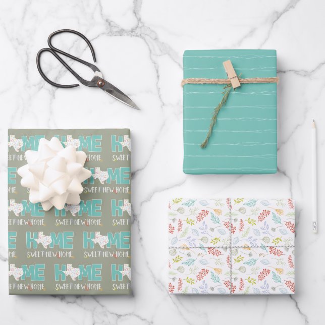 Teal Home, Sweet New Home - Texas Wrapping Paper Sheet (Front)