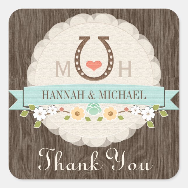 TEAL HORSESHOE HEART WESTERN WEDDING THANK YOU SQUARE STICKER (Front)
