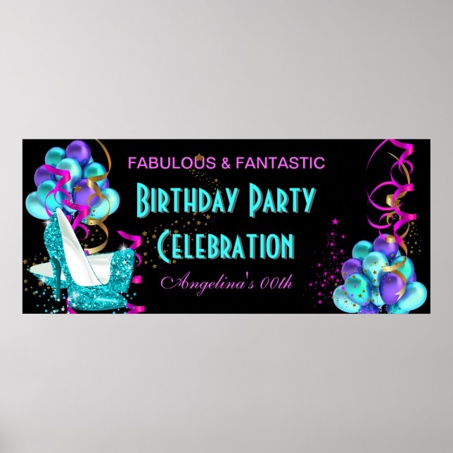 TEAL HOT PINK Banner Birthday Party Celebration 2 Poster (Front)