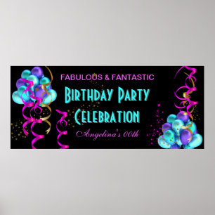 TEAL HOT PINK Banner Birthday Party Celebration Poster