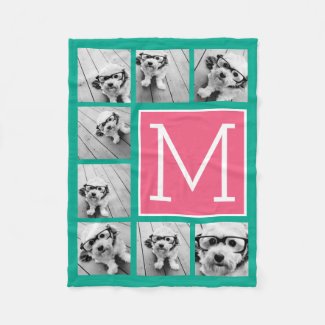 Teal & Hot Pink Instagram 8 Photo Collage Monogram Fleece Blanket