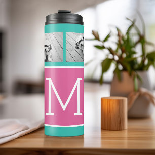 Teal & Hot Pink Instagram 8 Photo Collage Monogram Thermal Tumbler