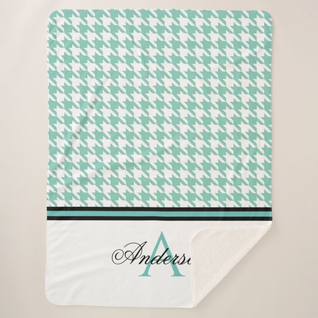 Teal Houndstooth Personalized  Sherpa Blanket (Front)