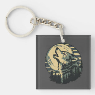 Teal Howling Wolf Moon Art Keychain