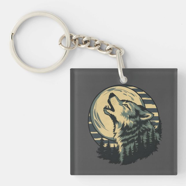 Teal Howling Wolf Moon Art Keychain (Front)
