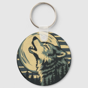 Teal Howling Wolf Moon Art Keychain