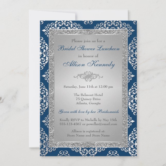 Teal, invitation de Fête de la mariée de damassé (Devant)