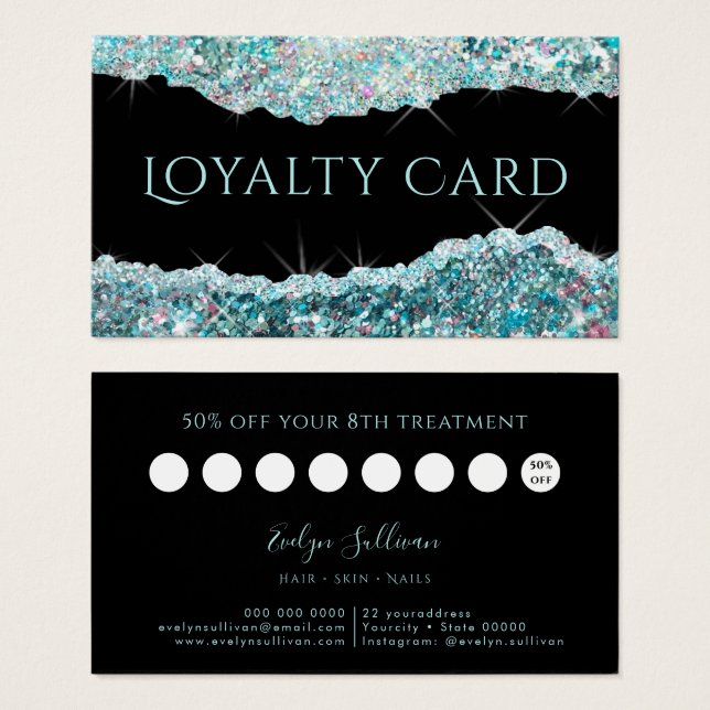 Teal iridescent glitter loyalty card (Front & Back)