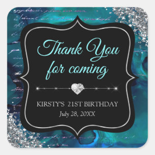 Teal Iridescent Mermaid Letters Birthday Party Square Sticker