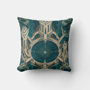 Teal Ivory Coral Architectural Medallion Throw Pillow