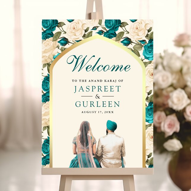 Teal Ivory Floral Anand Karaj Wedding Welcome Sign (Creator Uploaded)
