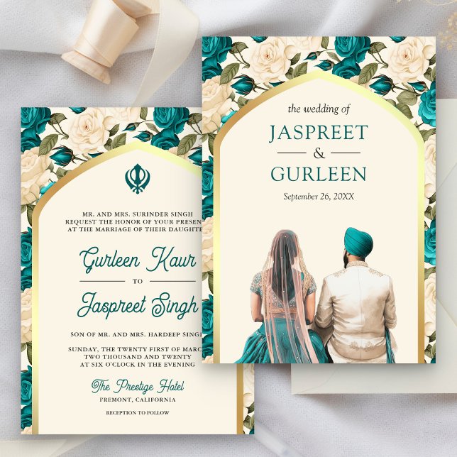 Teal Ivory Floral Punjabi Anand Karaj Sikh Wedding Invitation (Creator Uploaded)