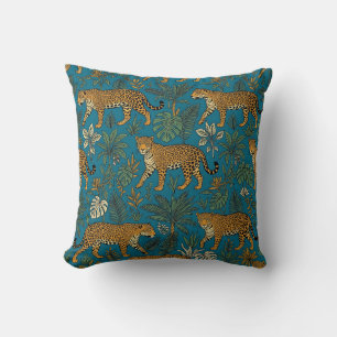 Teal Jaguar Botanical Pillow