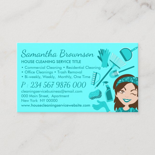Teal Janitorial Lady Cleaning Appointment Business Card (Front)
