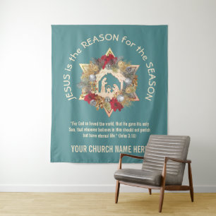 Teal JESUS IS THE REASON Christmas Tapestry
