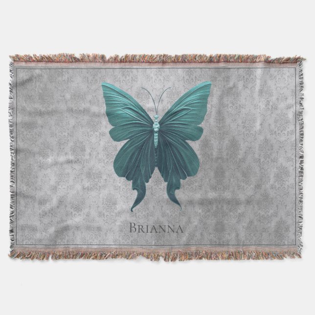 Teal Jewelled Butterfly Throw Blanket (Front)