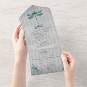 Teal Jewelled Dragonfly Wedding All In One Invitation