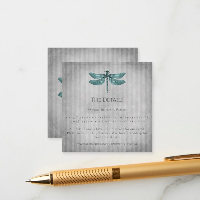 Teal Jewelled Dragonfly Wedding Enclosure Card (Front/Back In Situ)