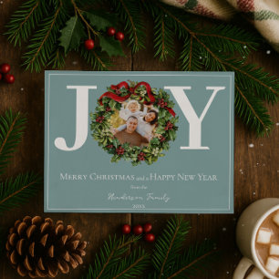 Teal Joy Christmas Wreath Photo Holiday Card