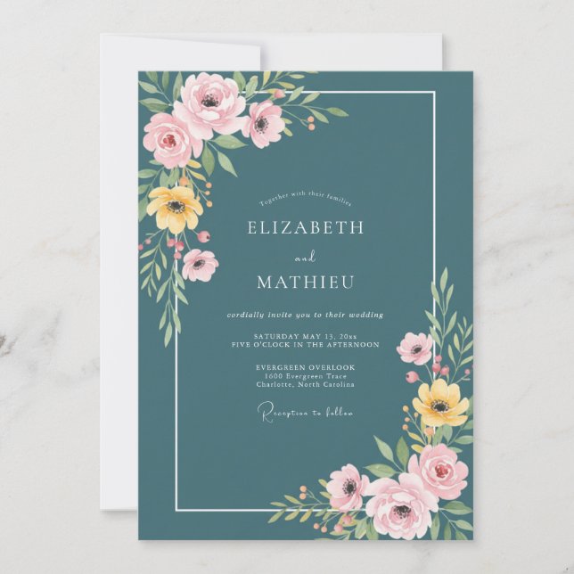 Teal Joyful Botanical Wedding Invitation (Front)