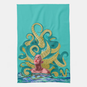 Teal Kitchen Towel with Octopus Woman