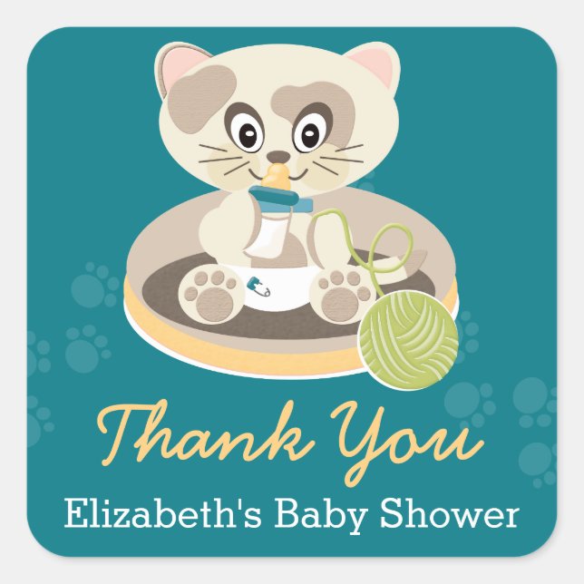 Teal Kitten in Diapers Cat Baby Shower Thank You Square Sticker (Front)