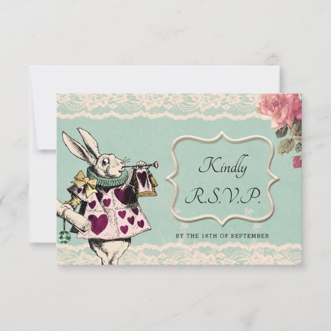 Teal Lace Alice in Wonderland Wedding RSVP Card (Front)